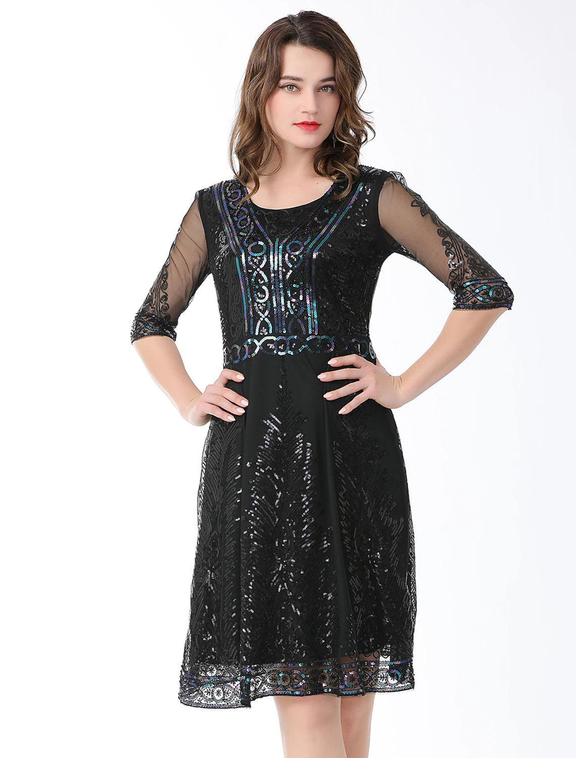 Wholesale A-Line Elegant Vintage Holiday Party Wear Dress Jewel Neck Half Sleeve Knee Length Cotton Blend with Sequin Splicing