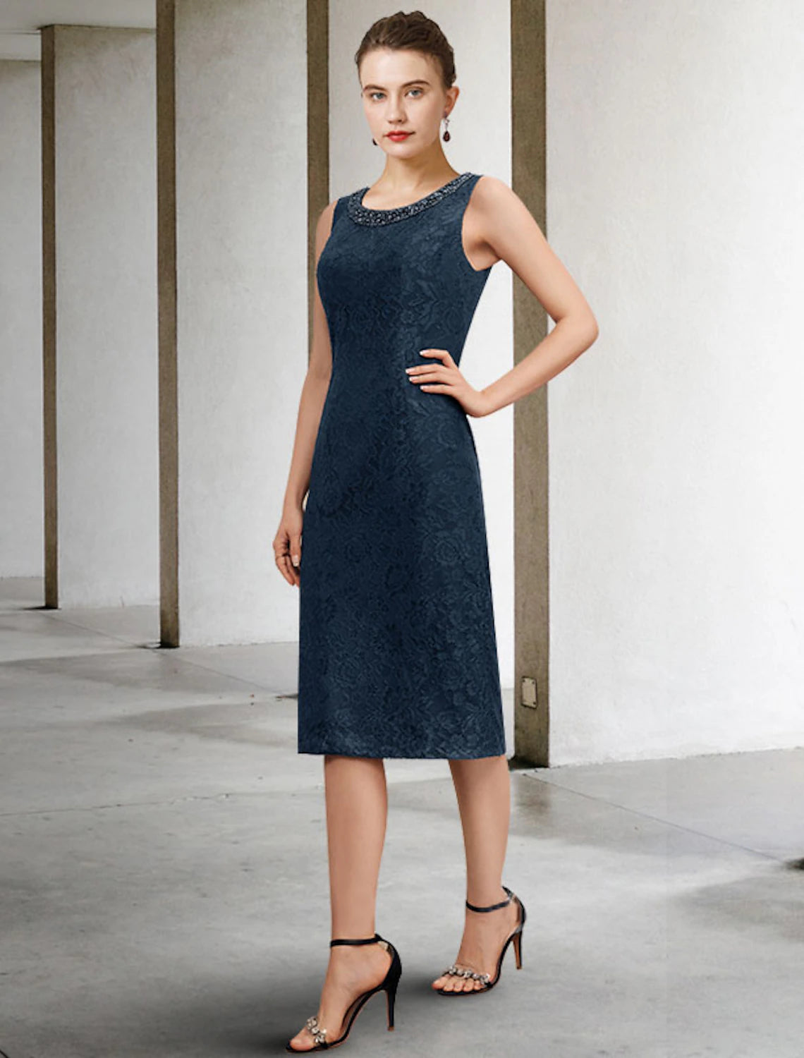 Wholesale  Two Piece Sheath / Column Mother of the Bride Dress Wedding Guest Plus Size Elegant Jewel Neck Knee Length Chiffon Lace Sleeveless with Beading Appliques Fall