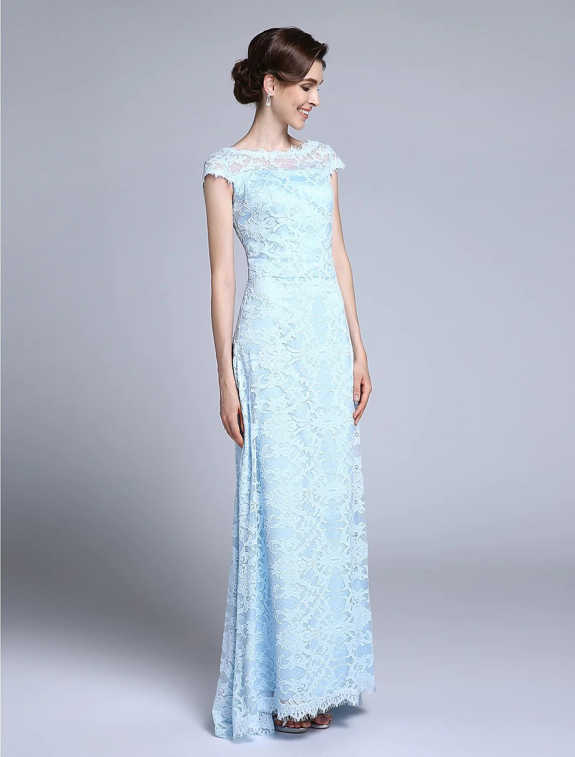 Wholesale Sheath / Column Mother of the Bride Dress Open Back Bateau Neck Floor Length Lace Short Sleeve No with Lace