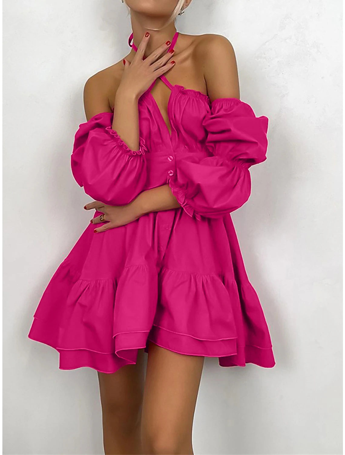 Wholesale Women's Party Dress Homecoming Dress Cocktail Dress Mini Dress Blue Fuchsia Green Long Sleeve Plain Lace up Summer Spring Fall Halter Neck Party Wedding Guest Birthday Vacation