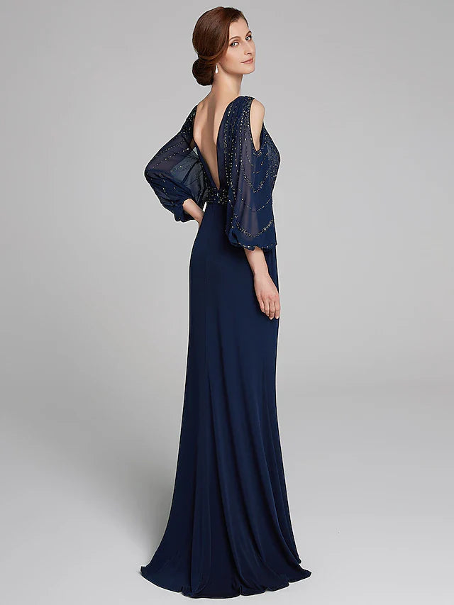 Wholesale Sheath / Column Mother of the Bride Dress Sparkle & Shine Boat Neck Floor Length Chiffon Jersey Long Sleeve No with Beading Ruching
