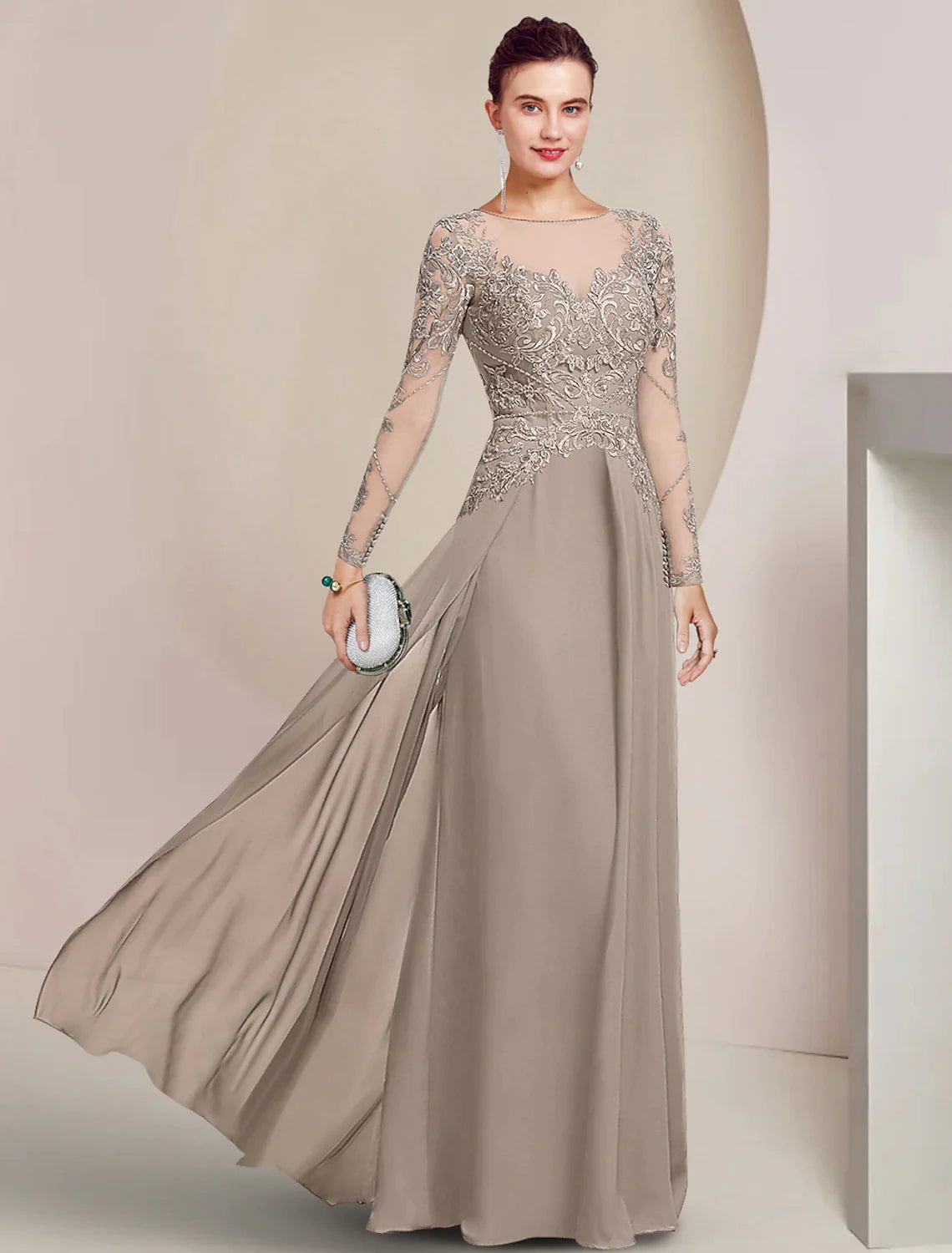 Wholesale Sheath / Column Mother of the Bride Dress Formal Wedding Guest Elegant Scoop Neck Floor Length Chiffon Lace Long Sleeve with Beading Appliques