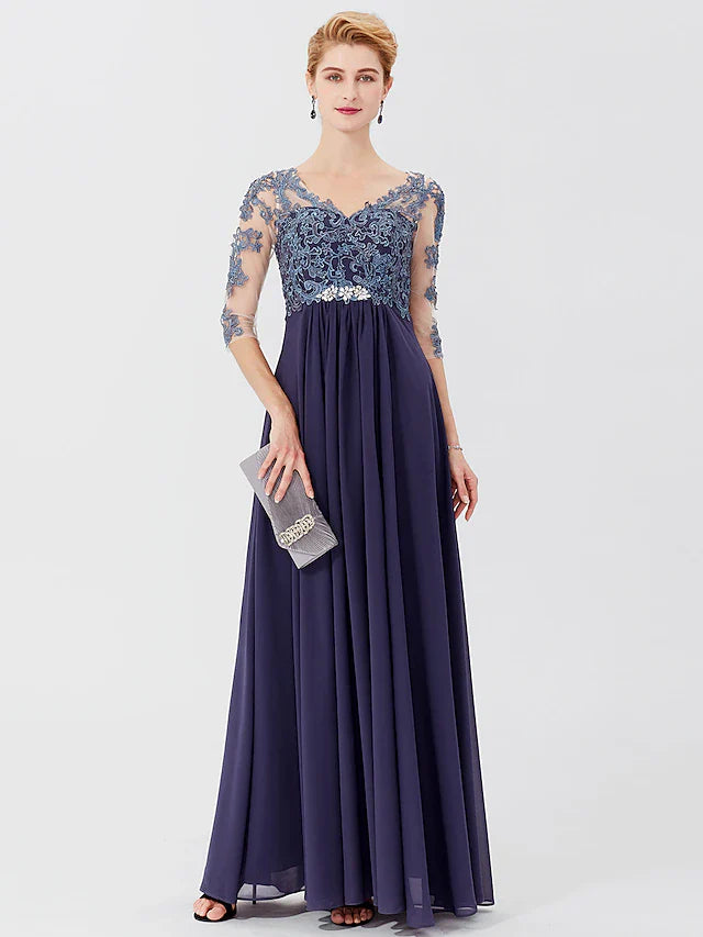 Wholesale Ball Gown A-Line Mother of the Bride Dress Formal Plus Size Elegant V Neck Floor Length Chiffon Sheer Lace 3/4 Length Sleeve with Crystals Appliques