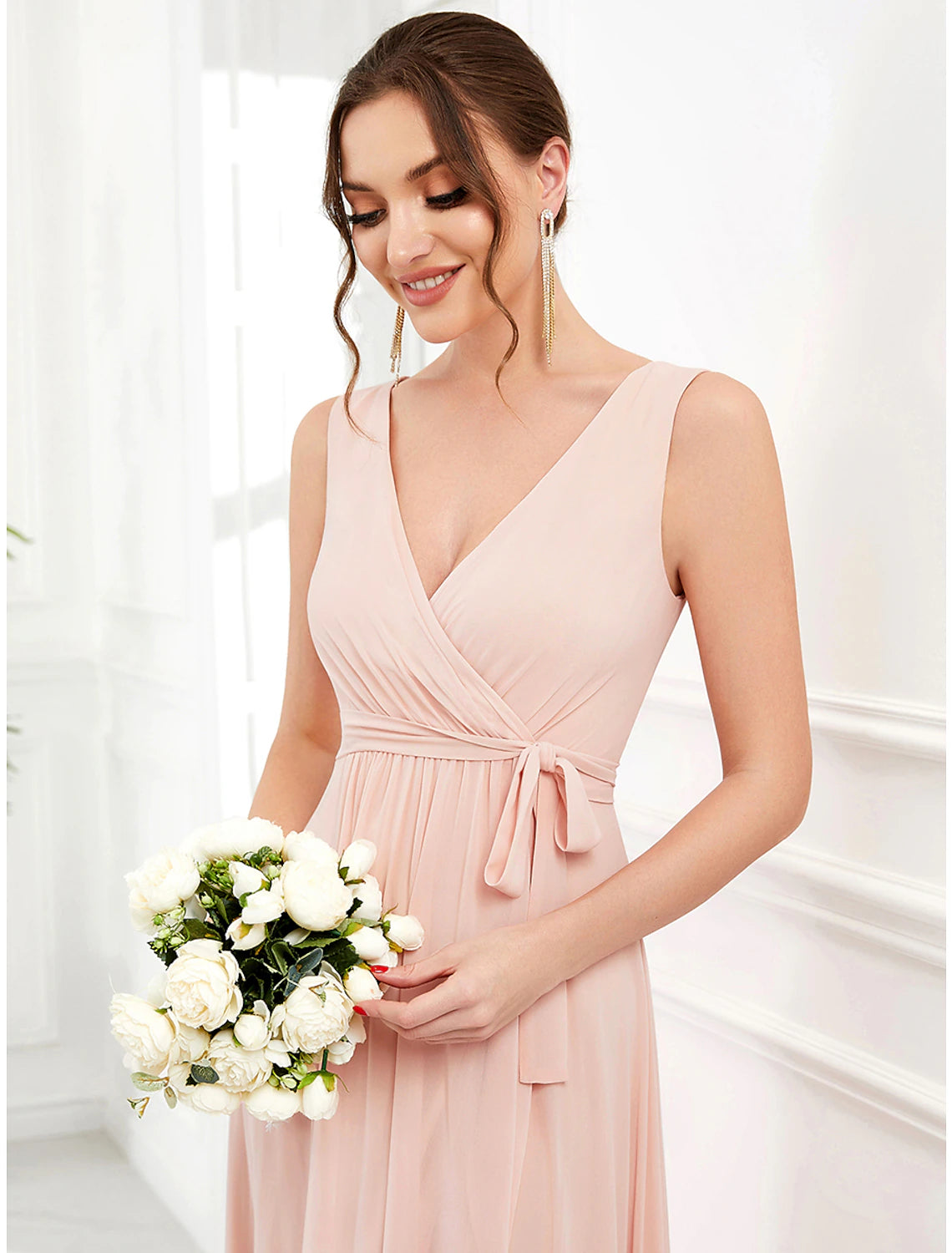 Wholesale  A-Line Wedding Guest Dresses Elegant Dress Party Wear Wedding Party Asymmetrical Sleeveless Spaghetti Strap Bridesmaid Dress Chiffon with Ruffles Slit