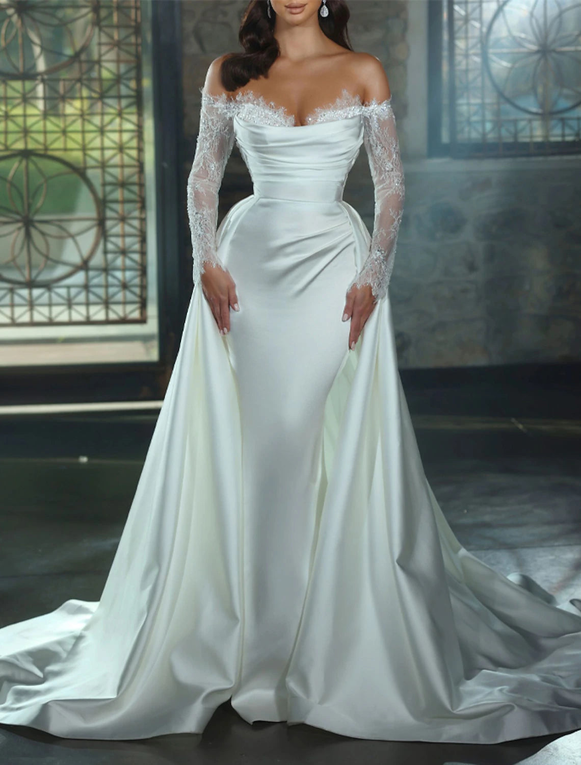 Wholesale Engagement Formal Fall Wedding Dresses Sheath / Column Off Shoulder Long Sleeve Chapel Train Satin Bridal Gowns With Appliques Solid Color Summer Wedding Party