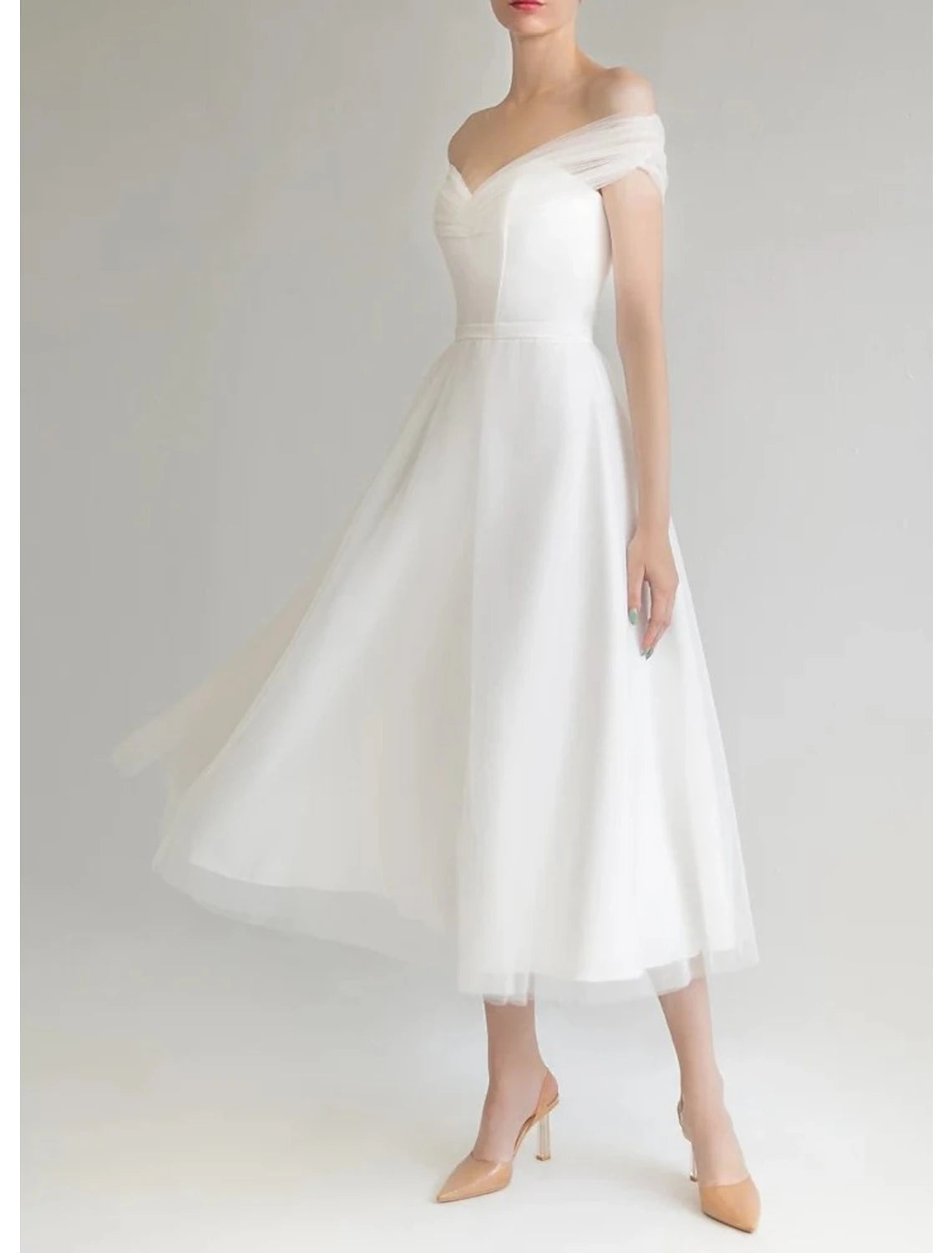 Wholesale Bridal Shower Little White Dresses Wedding Dresses A-Line Off Shoulder Sleeveless Tea Length Satin Bridal Gowns With Solid Color