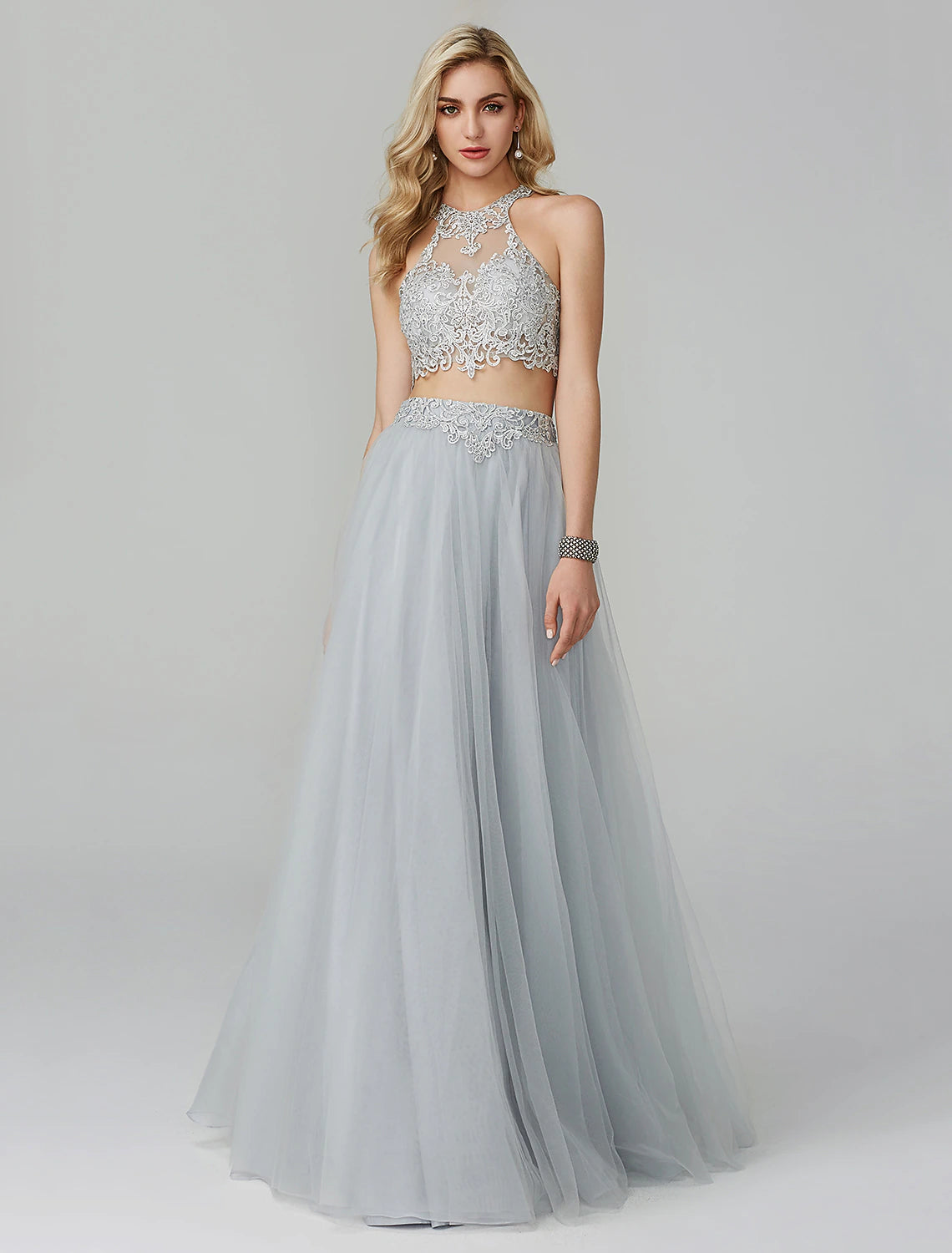 Wholesale  Two Piece Empire Prom Formal Evening Dress Halter Neck Sleeveless Floor Length Lace with Appliques