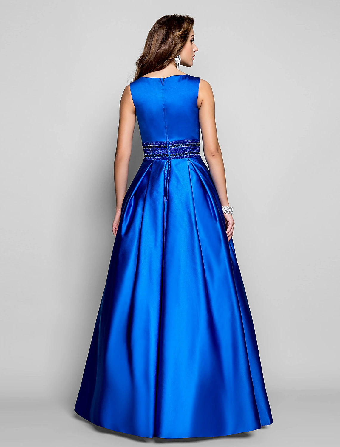 Wholesale  A-Line Elegant Dress Wedding Guest Prom Floor Length Sleeveless Boat Neck Pocket Satin with Pleats Beading