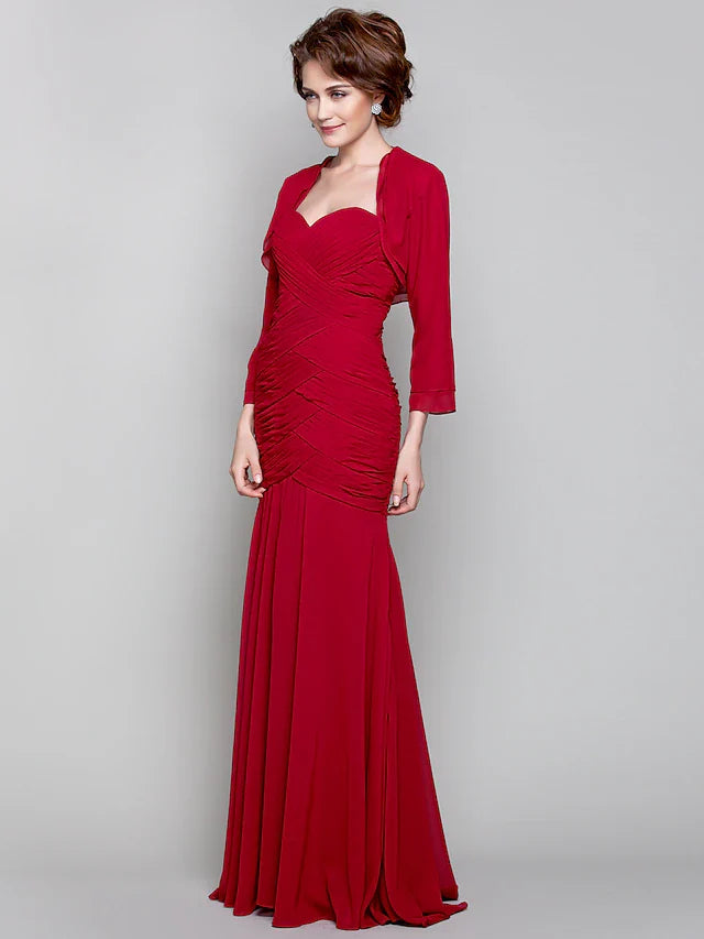Wholesale Mermaid / Trumpet Mother of the Bride Dress Two Piece Sweetheart Floor Length Chiffon Long Sleeve with Criss Cross