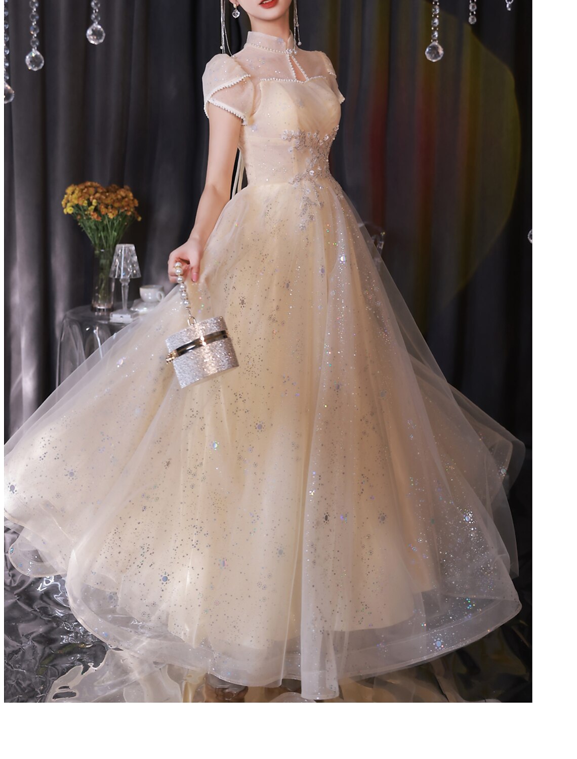 Wholesale A-Line Evening Gown Sparkle & Shine Dress Engagement Prom Floor Length Short Sleeve Stand Collar Satin with Buttons Ruched Pearls