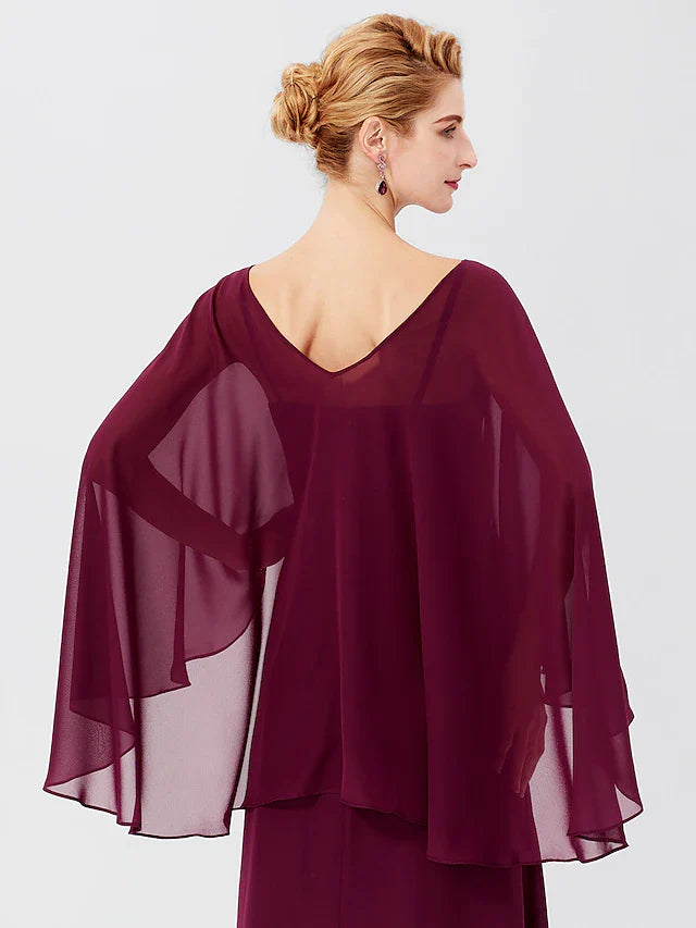 Wholesale Sheath / Column Mother of the Bride Dress Formal Classic & Timeless Elegant & Luxurious Elegant V Neck Floor Length Chiffon Long Sleeve with Pleats Beading