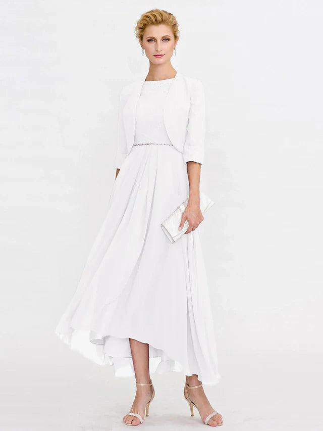 Wholesale Two Piece Ball Gown A-Line Mother of the Bride Dress Formal Church Convertible Dress High Low See Through Illusion Neck Asymmetrical Chiffon Lace 3/4 Length Sleeve with Crystals