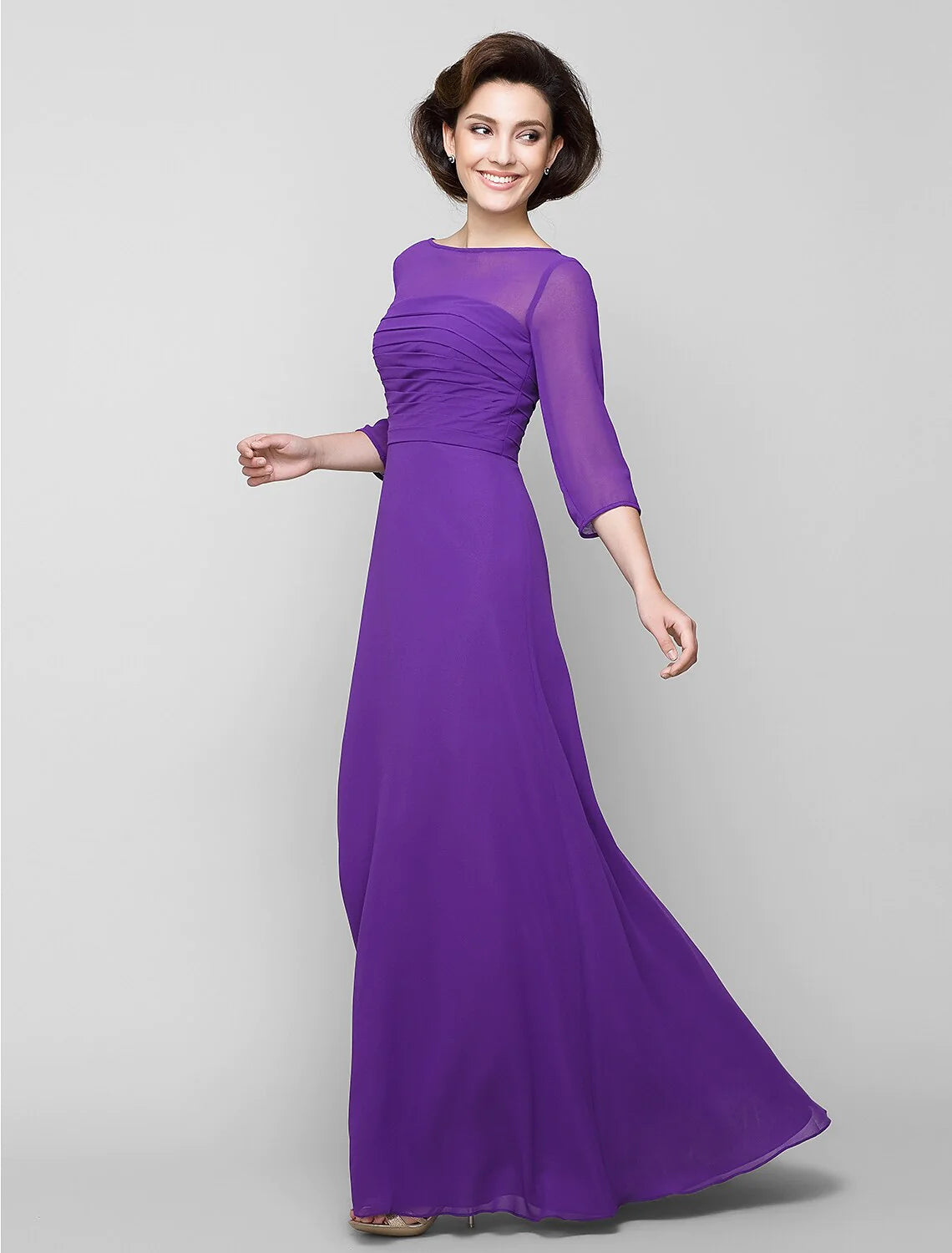 Wholesale A-Line Mother of the Bride Dress Elegant Scoop Neck Ankle Length Chiffon 3/4 Length Sleeve No with Ruched