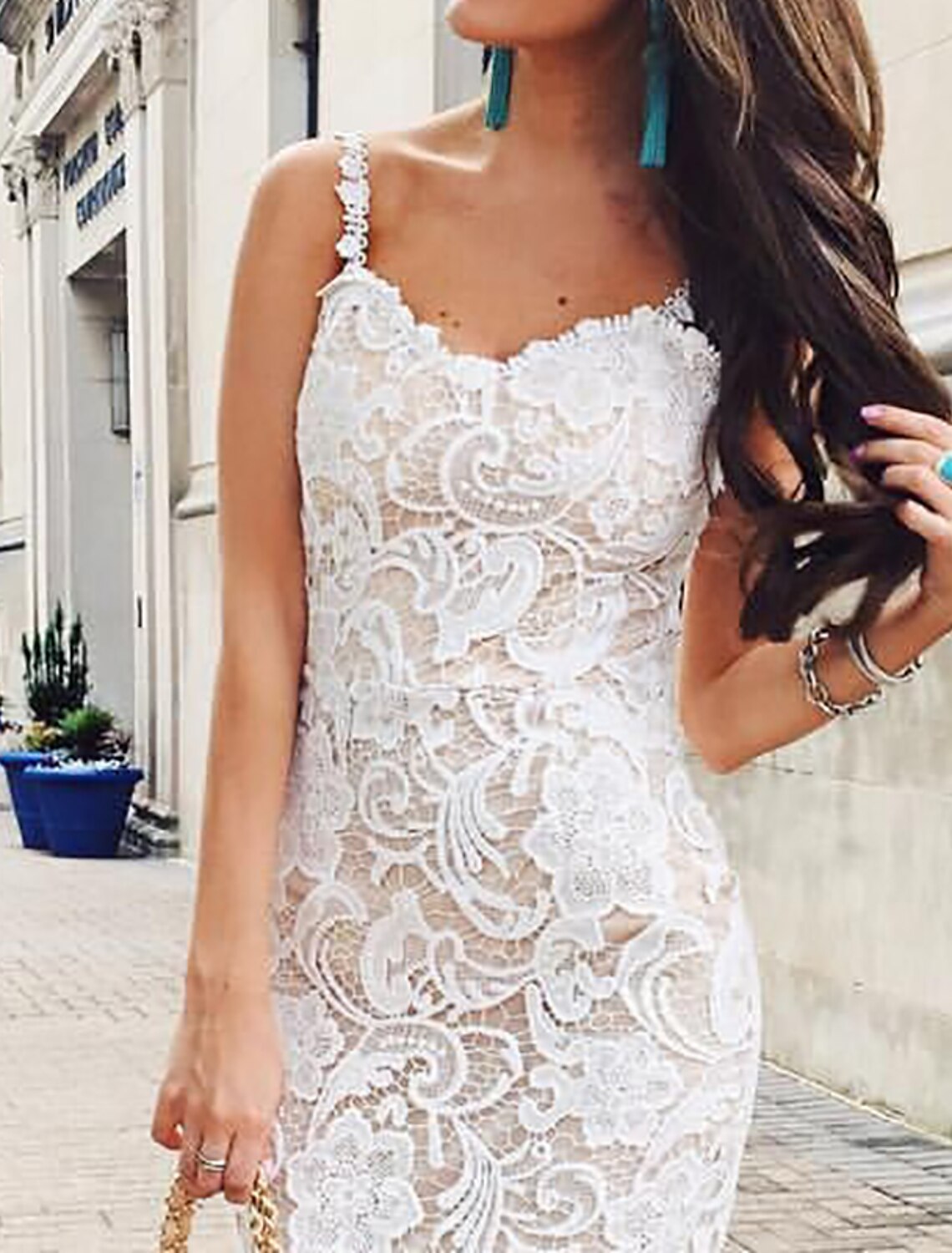 Wholesale Women's Party Dress Lace Dress Bodycon Midi Dress White Sleeveless Pure Color Lace Summer Spring Spaghetti Strap Stylish Party Spring Dress Slim