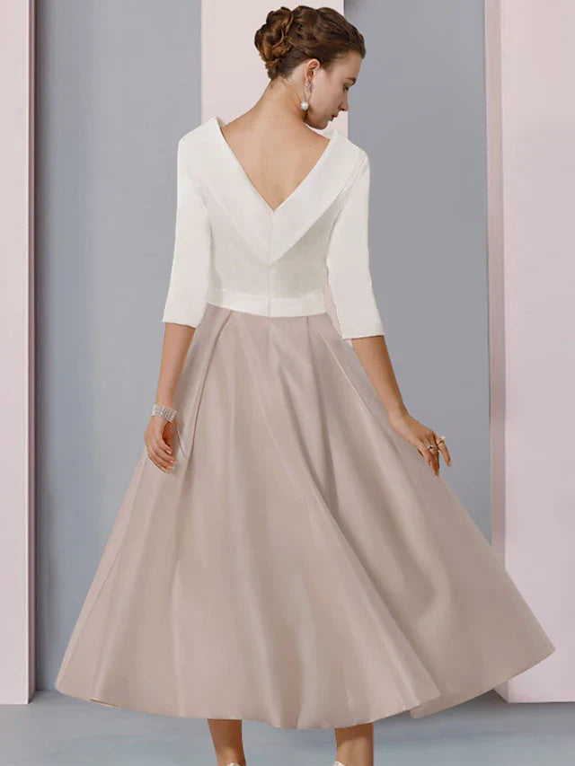 Wholesale A-Line Mother of the Bride Dress Wedding Guest Elegant Scoop Neck Tea Length Satin Half Sleeve with Pleats Crystal Brooch Color Block