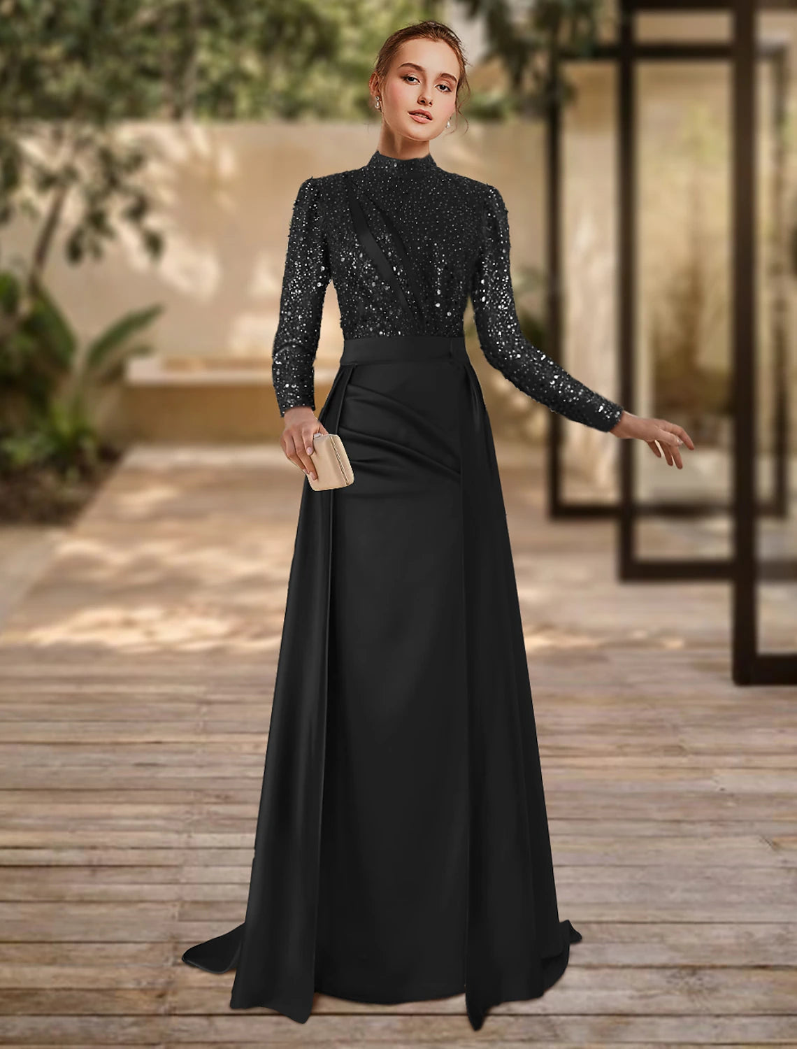 Wholesale Sheath Formal Dress Evening Gown Christmas Red Green Dress Formal Sweep / Brush Train Long Sleeve Jewel Neck Satin with Pleats Ruched Sequin