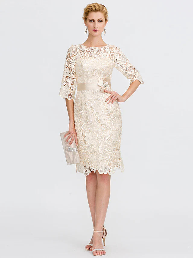 Wholesale Sheath / Column Mother of the Bride Dress Formal Wedding Guest Plus Size Elegant Illusion Neck Knee Length All Over Lace 3/4 Length Sleeve with Bow(s)