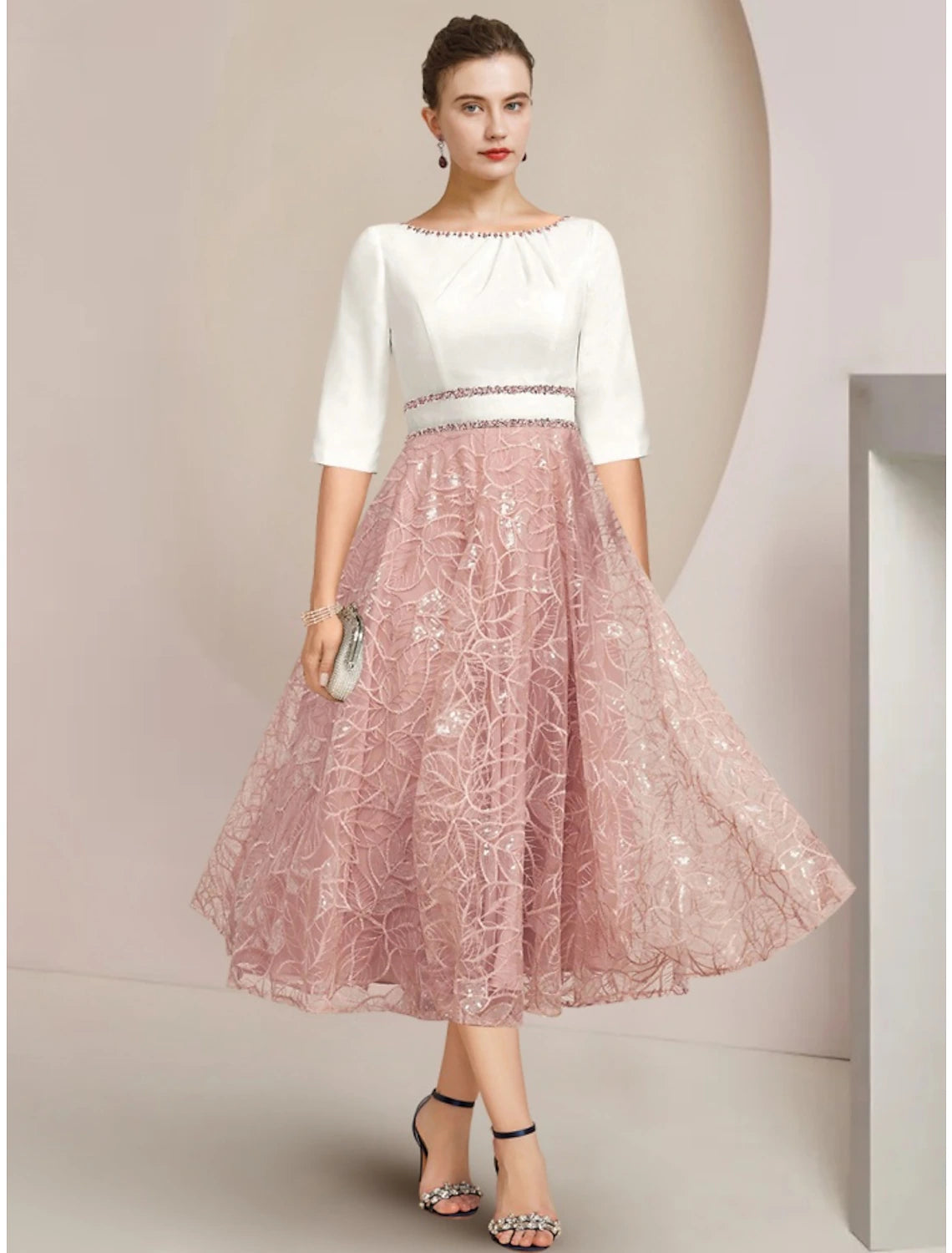 Wholesale A-Line Mother of the Bride Dress Wedding Guest Elegant Petite Scoop Neck Tea Length Chiffon Lace Half Sleeve with Sequin Ruching