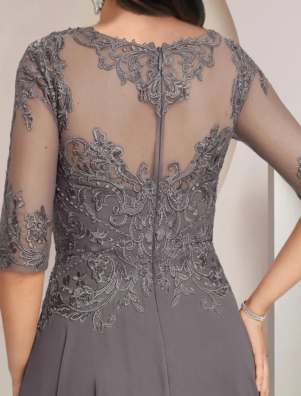 Wholesale A-Line Mother of the Bride Dress Formal Wedding Guest Elegant High Low Scoop Neck Asymmetrical Tea Length Chiffon Lace Half Sleeve with Pleats Appliques