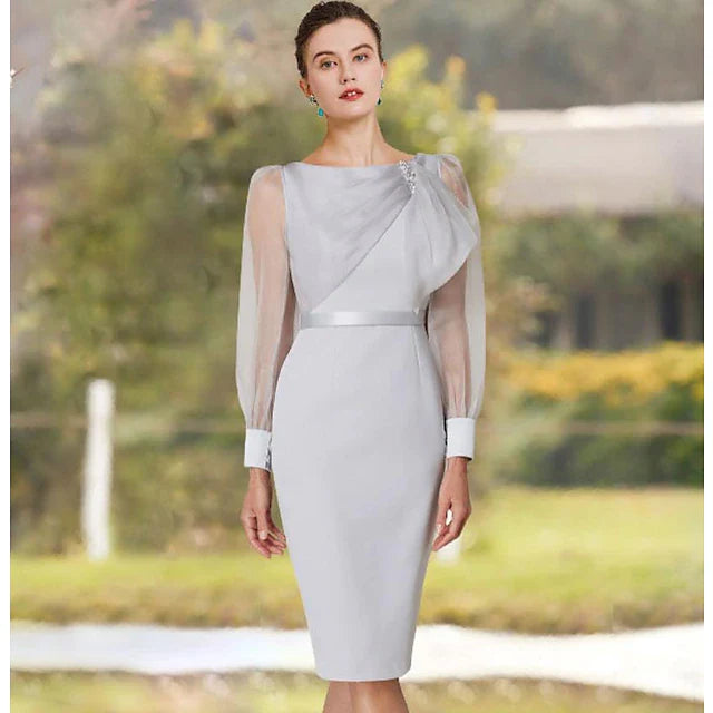 Wholesale Sheath / Column Mother of the Bride Dress Elegant Jewel Neck Knee Length Organza Stretch Chiffon Long Sleeve with Beading