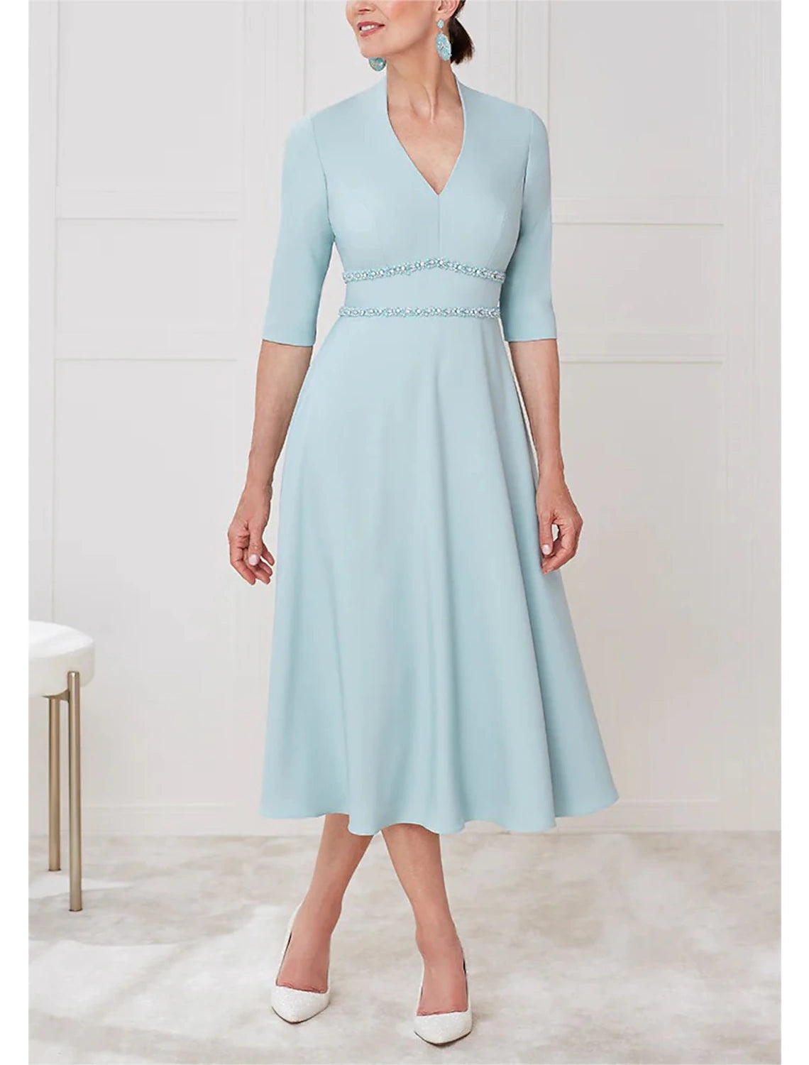 Wholesale A-Line Mother of the Bride Dress Kentucky Derby Dresses Formal Wedding Guest Elegant V Neck Tea Length Chiffon Half Sleeve with Sash / Ribbon Solid Color