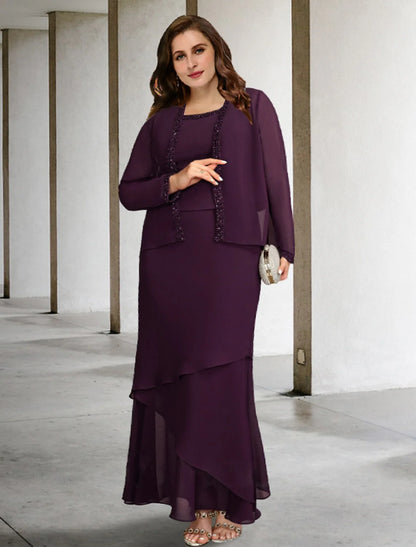 Wholesale Two Piece A-Line Plus Size Curve Mother of the Bride Dresses Elegant Dress Formal Ankle Length Sleeveless Square Neck Chiffon with Beading Ruffles