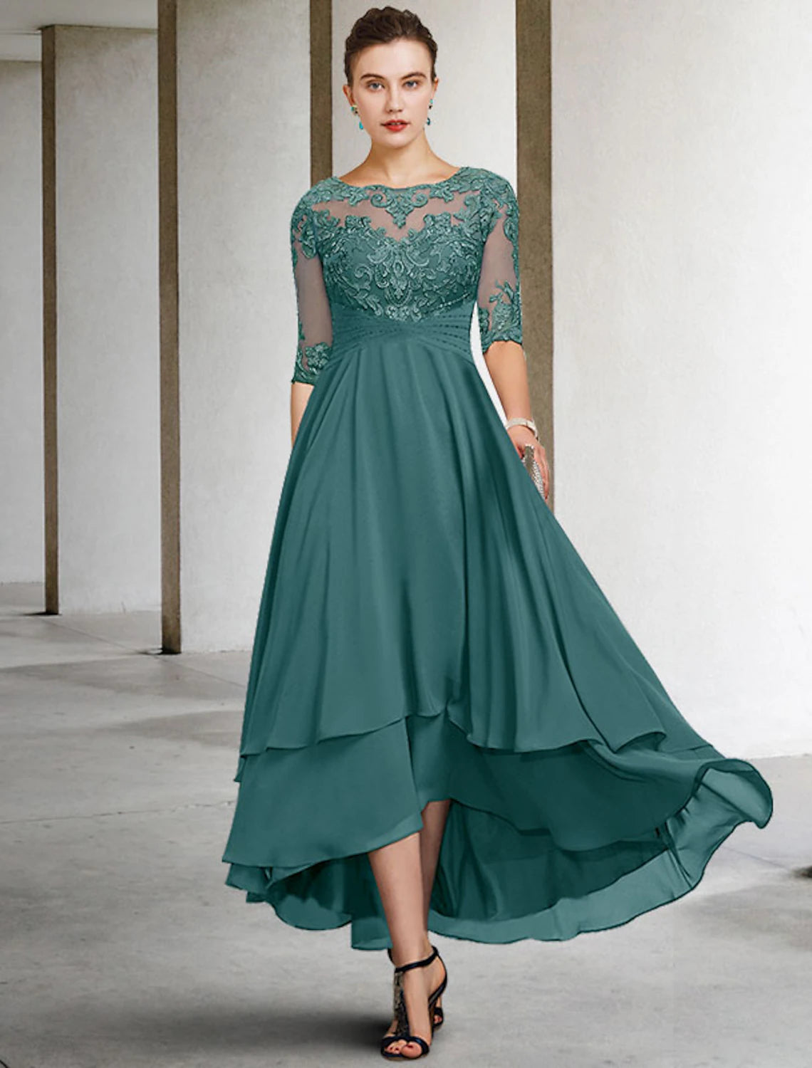Wholesale  A-Line Mother of the Bride Dress Plus Size Elegant High Low Jewel Neck Asymmetrical Ankle Length Chiffon Lace Half Sleeve with Beading Ruffles Appliques