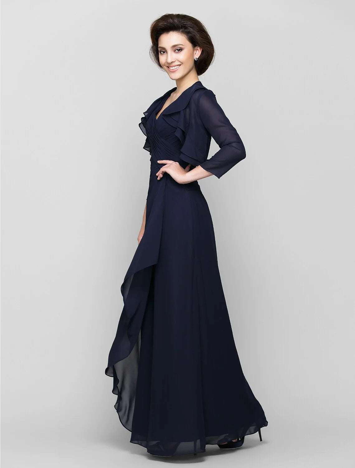 Wholesale Sheath / Column Mother of the Bride Dress Convertible Dress V Neck Floor Length Chiffon 3/4 Length Sleeve with Criss Cross Cascading Ruffles