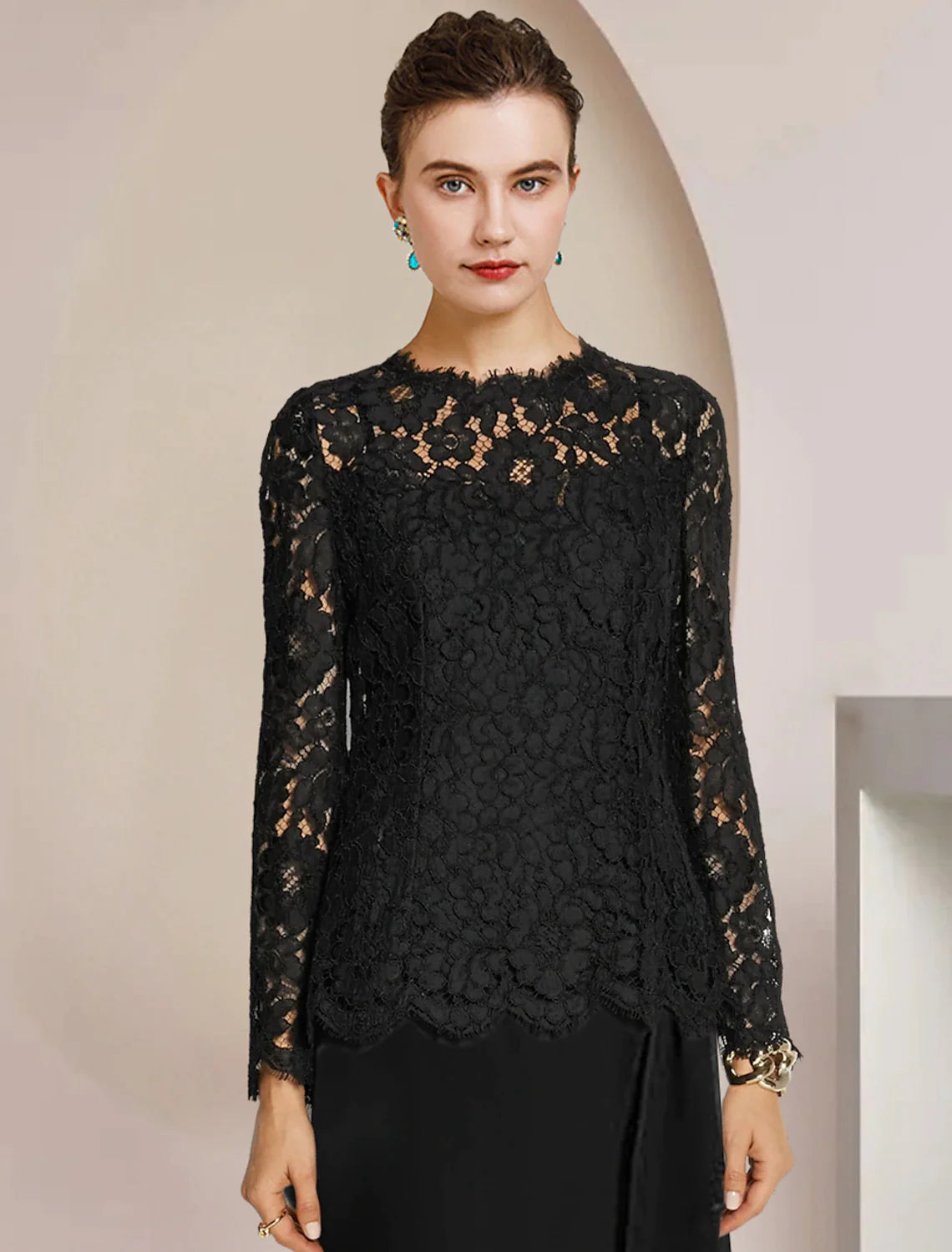 Wholesale A-Line Mother of the Bride Dress Formal Wedding Guest Vintage Elegant Scoop Neck Floor Length Chiffon Lace Long Sleeve with Ruching