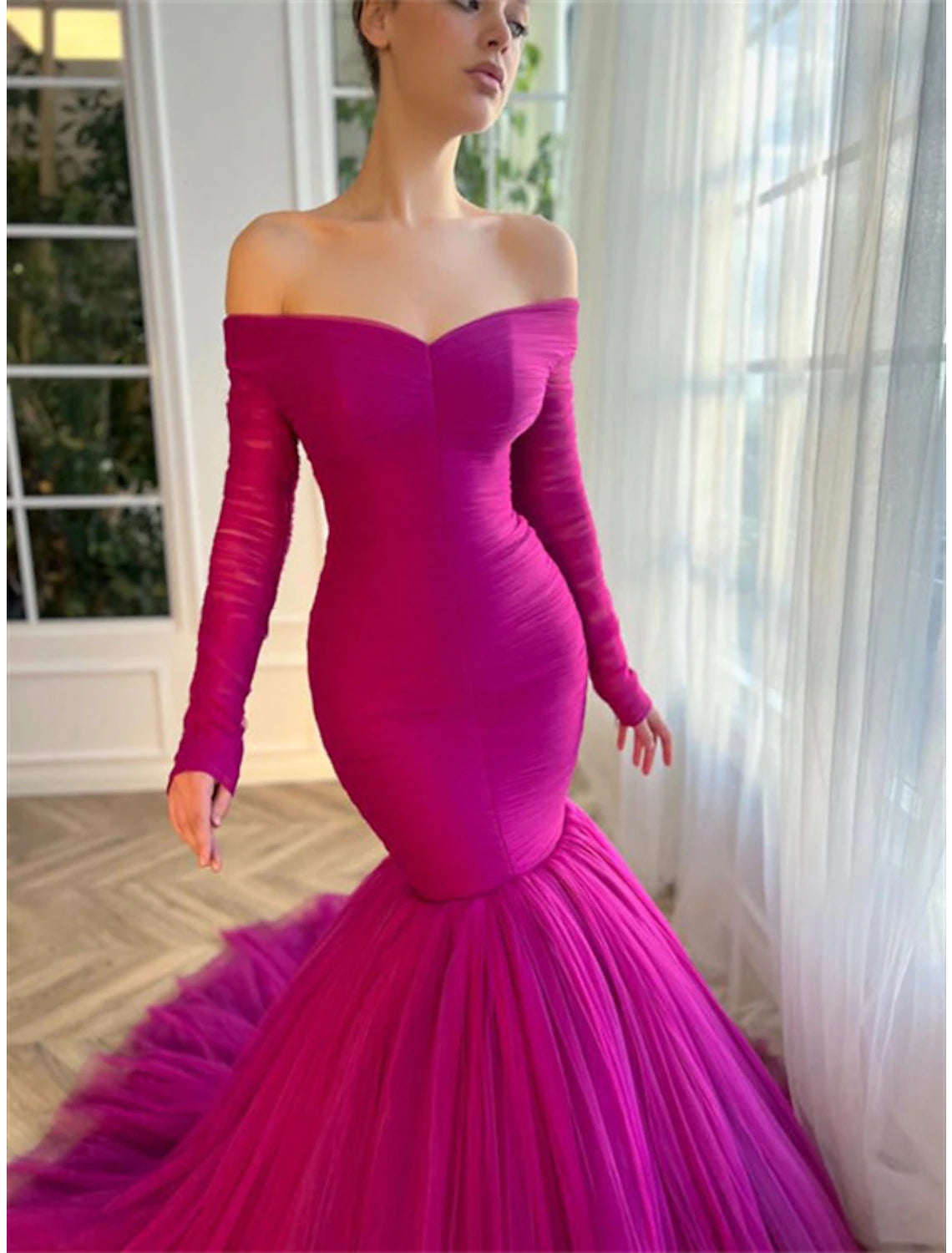 Wholesale Mermaid / Trumpet Evening Gown Elegant Dress Wedding Guest Wedding Party Court Train Long Sleeve Off Shoulder Tulle with Ruched