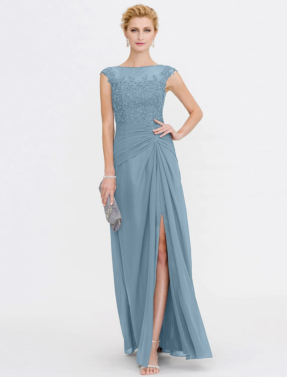 Wholesale A-Line Mother of the Bride Dress Wedding Guest Elegant See Through Bateau Neck Floor Length Chiffon Lace Sleeveless with Side Draping Fall