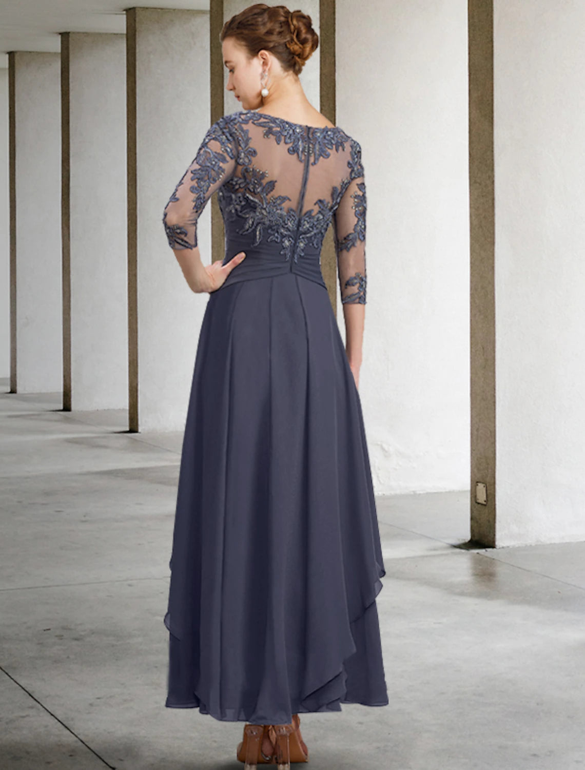 Wholesale  A-Line Mother of the Bride Dress Appliques Fall Wedding Guest Plus Size Elegant Scoop Neck Ankle Length Chiffon Lace Sequin 3/4 Length Sleeve with Ruched