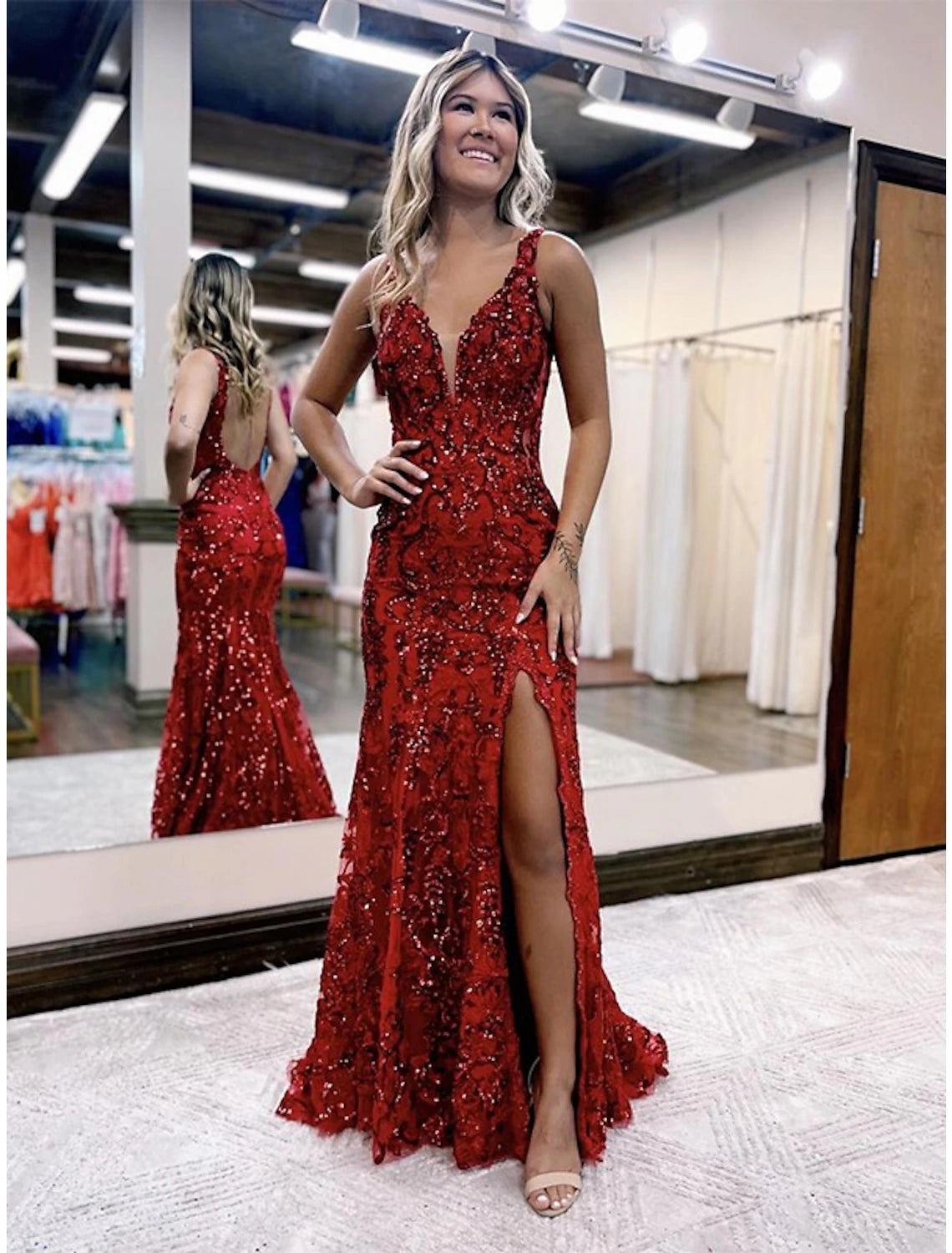 Wholesale  Mermaid / Trumpet Prom Dresses Sparkle & Shine Dress Formal Wedding Party Sweep / Brush Train Sleeveless V Neck Sequined Backless with Sequin