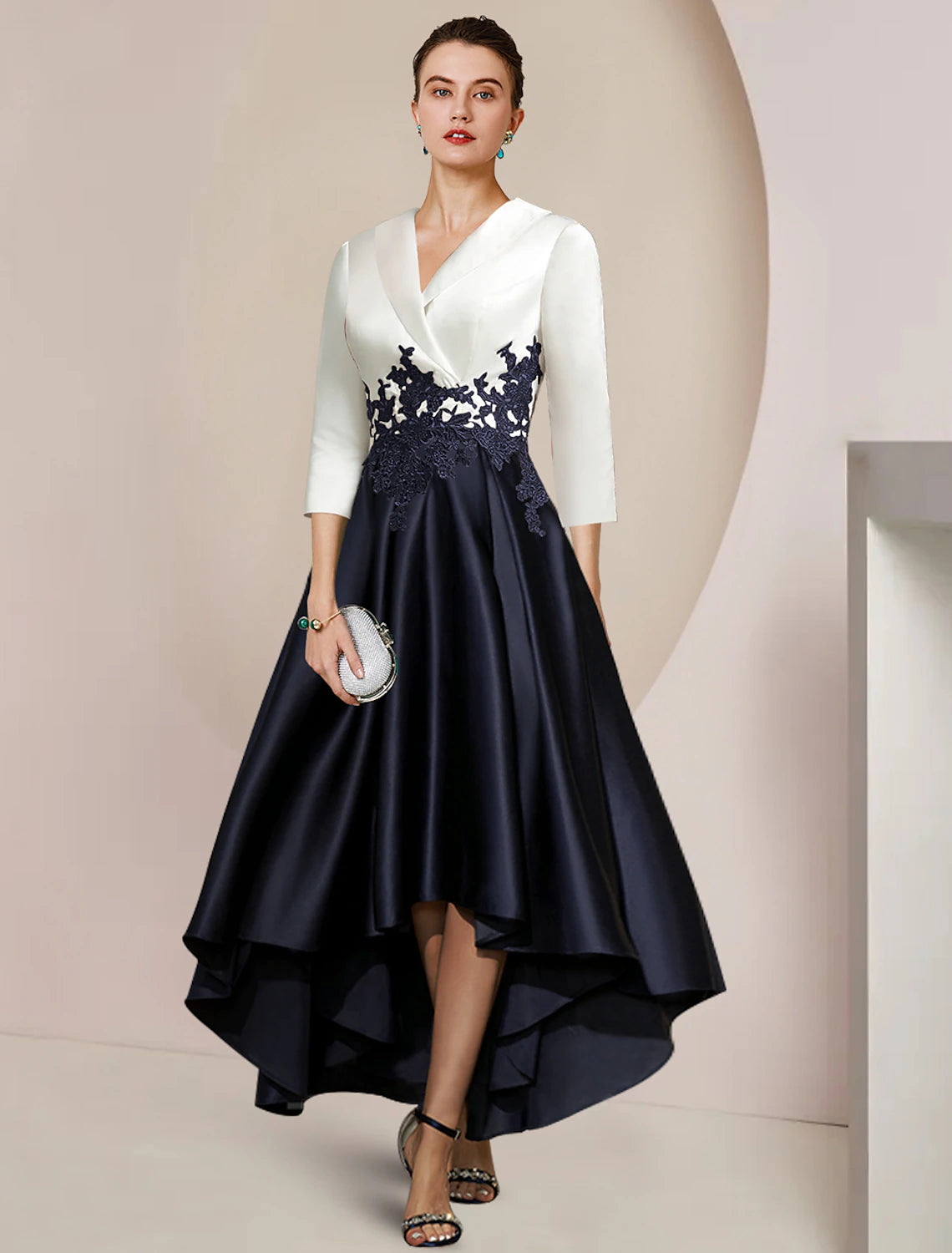 Wholesale  A-Line Mother of the Bride Dress Formal Wedding Guest Elegant High Low Shirt Collar Asymmetrical Tea Length Satin Lace 3/4 Length Sleeve with Appliques