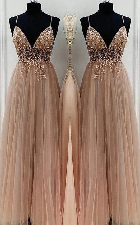 TingPo Wholesale Elegant A-Line/Elegant Beading Tulle Spaghetti Straps Sleeveless Floor-Length Prom Dresses