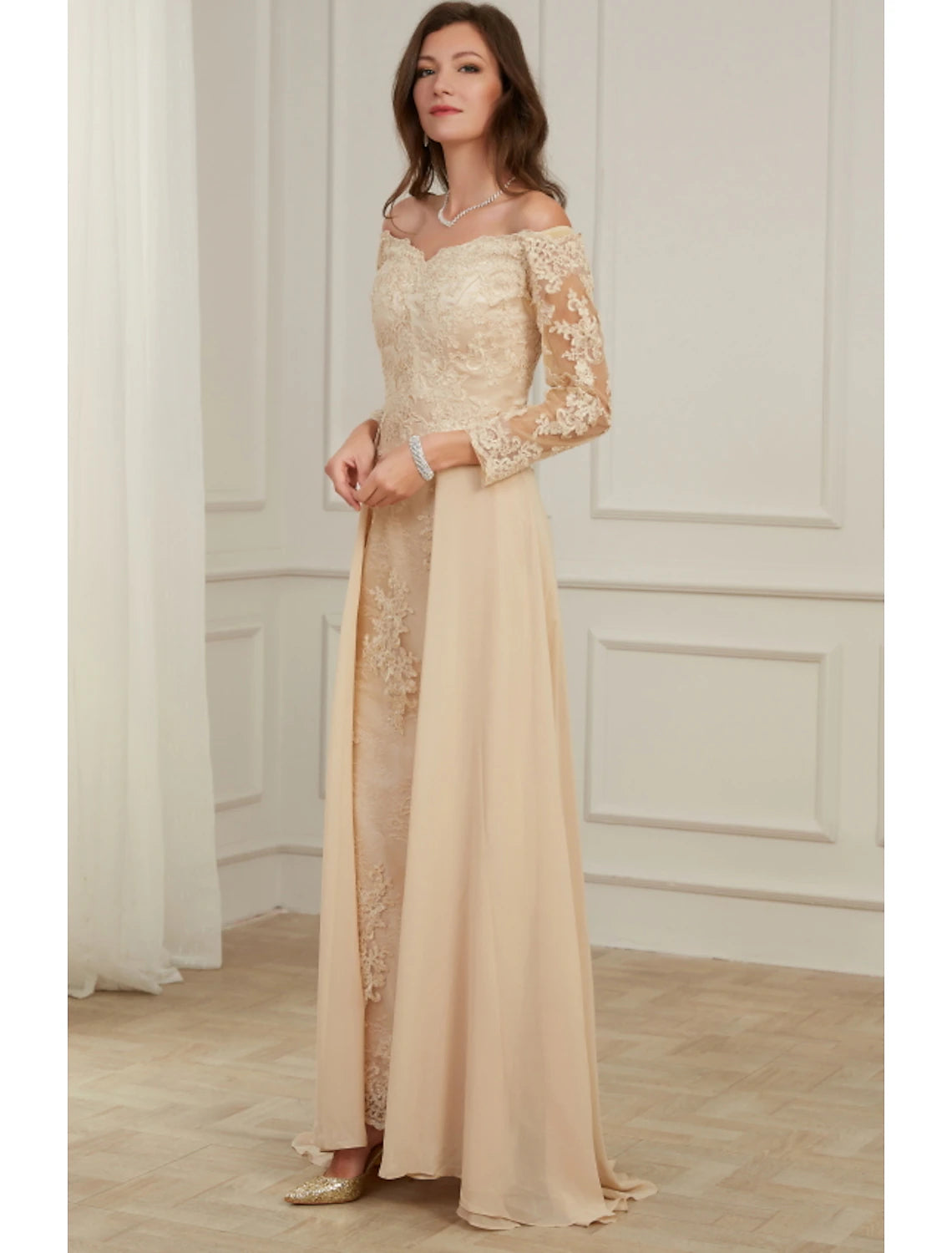 Wholesale  A-Line Evening Gown Elegant Dress Wedding Guest Formal Evening Floor Length Long Sleeve Off Shoulder Polyester with Overskirt Appliques