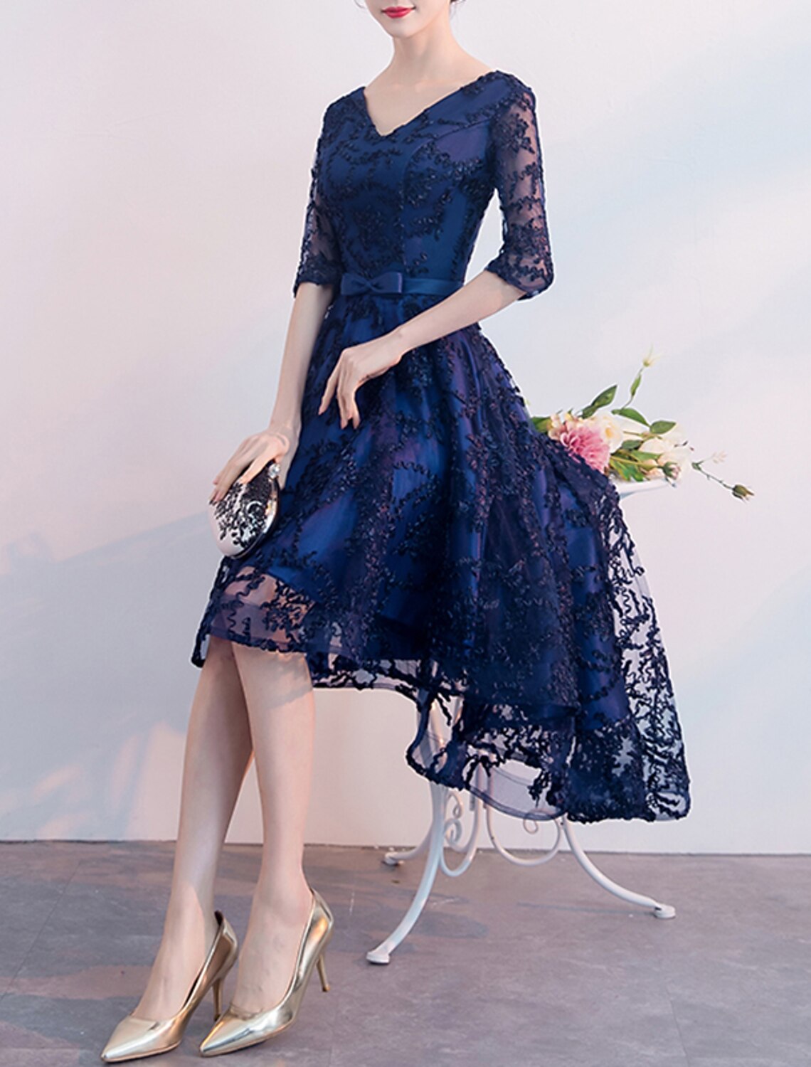 Wholesale A-Line Cocktail Dresses Minimalist Dress Wedding Guest Party Wear Asymmetrical Half Sleeve V Neck Tulle with Pleats