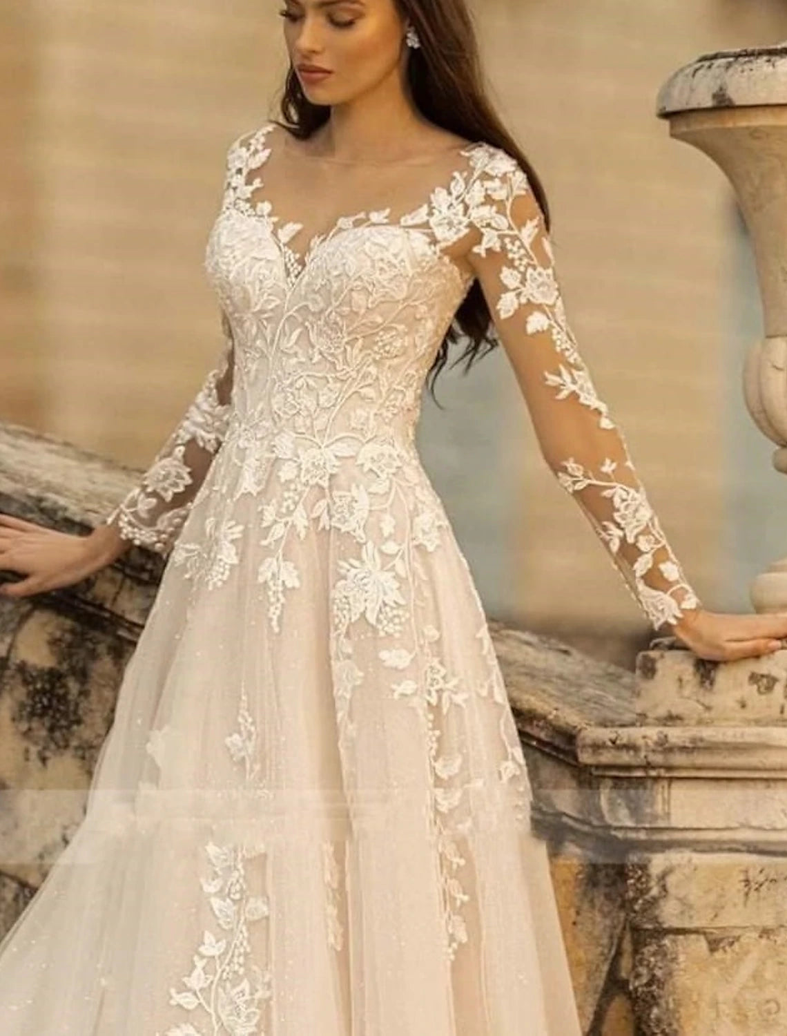 Wholesale Beach Formal Wedding Dresses A-Line V Neck Long Sleeve Sweep / Brush Train Lace Bridal Gowns With Flower Solid Color