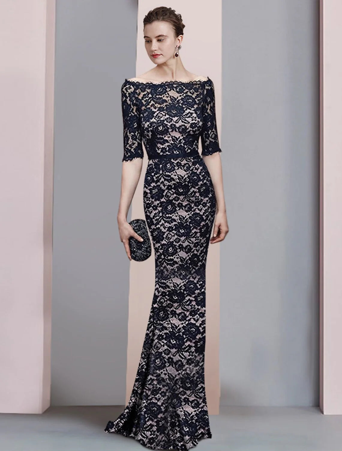 Wholesale Sheath / Column Mother of the Bride Dress Formal Wedding Guest Vintage Elegant Off Shoulder Floor Length Lace 3/4 Length Sleeve with Sash / Ribbon Fall