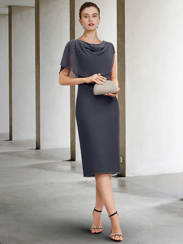 Wholesale Sheath / Column Mother of the Bride Dress Wedding Guest Vintage Elegant Jewel Neck Tea Length Chiffon Short Sleeve with Pearls Ruching
