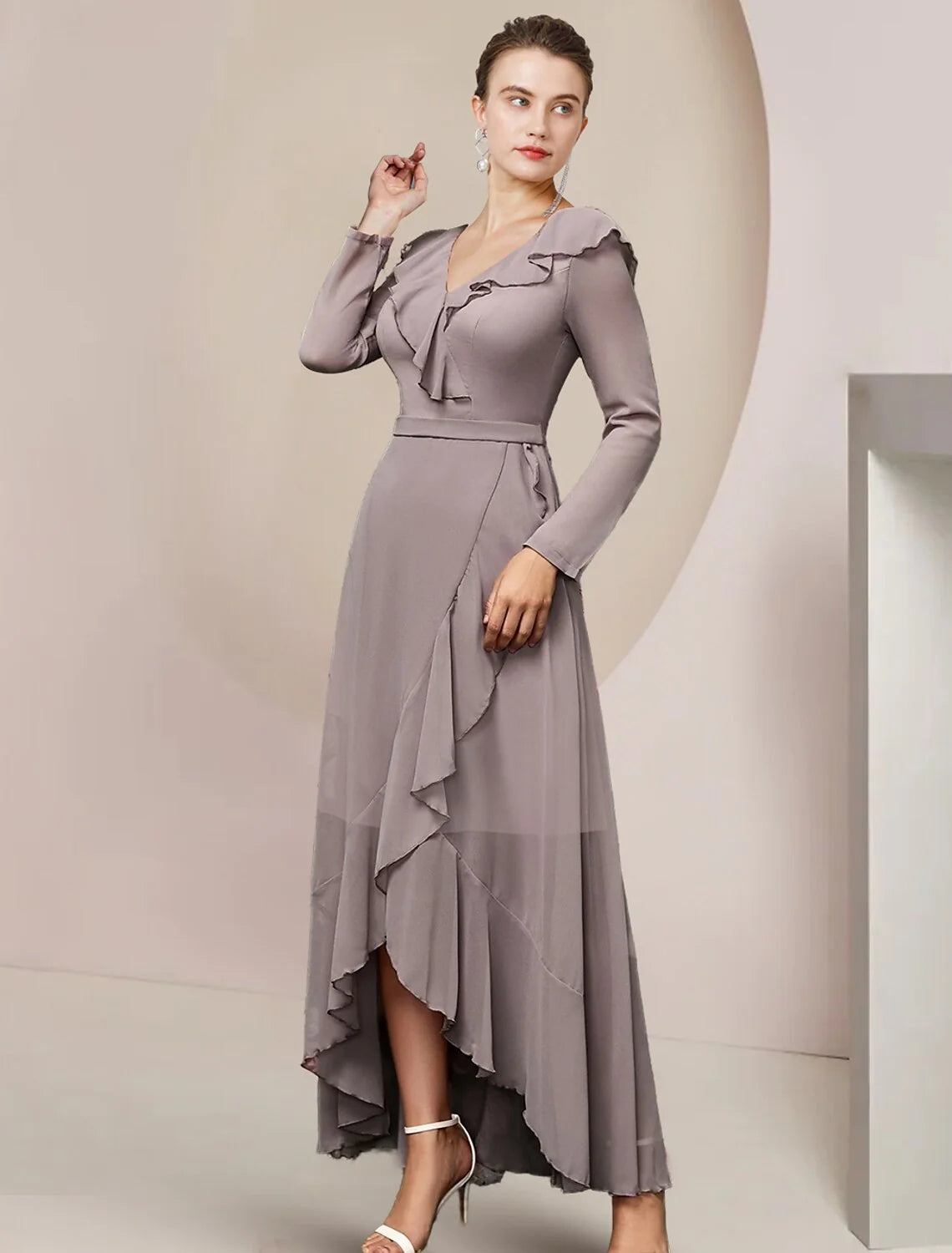 Wholesale A-Line Mother of the Bride Dress Wedding Guest Elegant V Neck Asymmetrical Ankle Length Chiffon Long Sleeve with Ruffles Solid Color