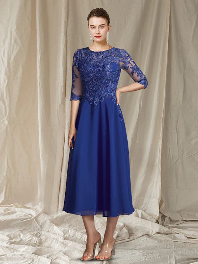 Wholesale A-Line Mother of the Bride Dress Elegant Jewel Neck Tea Length Chiffon Lace Half Sleeve with Sequin Appliques