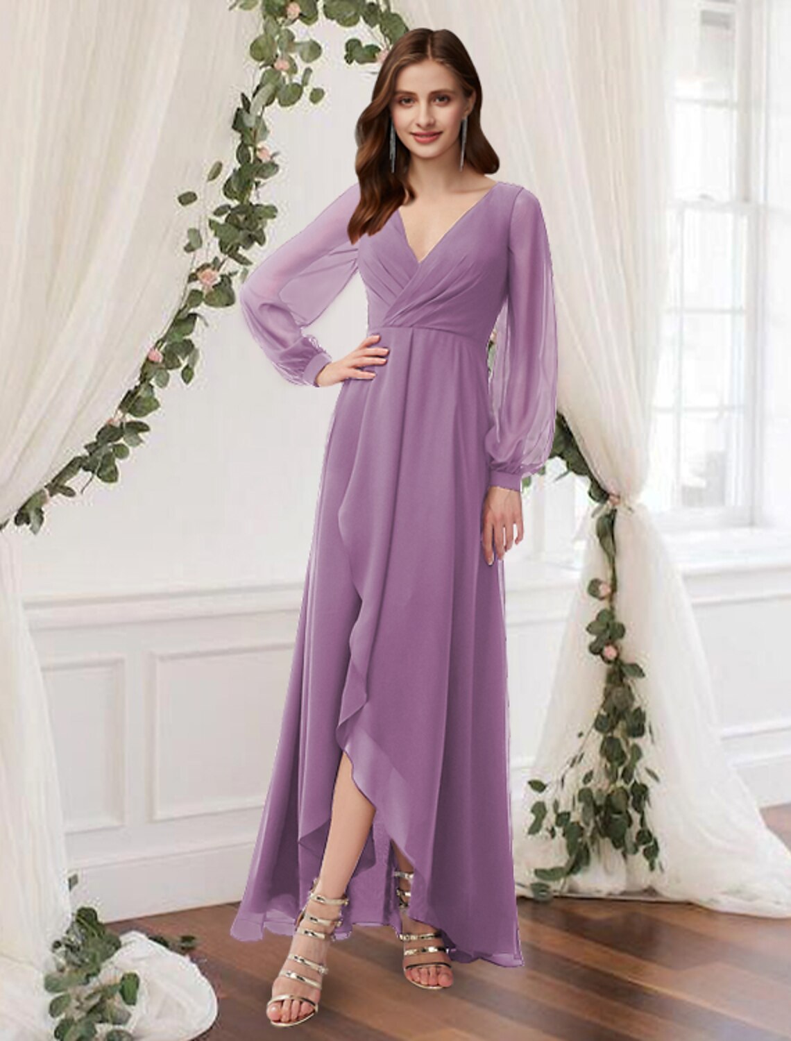 Wholesale  A-Line Prom Dresses Empire Dress Wedding Guest Prom Ankle Length Long Sleeve V Neck Chiffon with Pleats