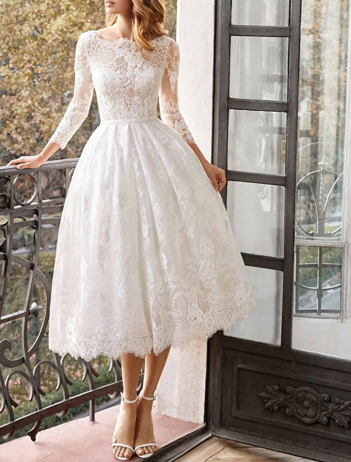 Wholesale A-Line Party Dresses Floral Dress Wedding Guest Homecoming Tea Length Long Sleeve Jewel Neck Polyester Backless with Appliques