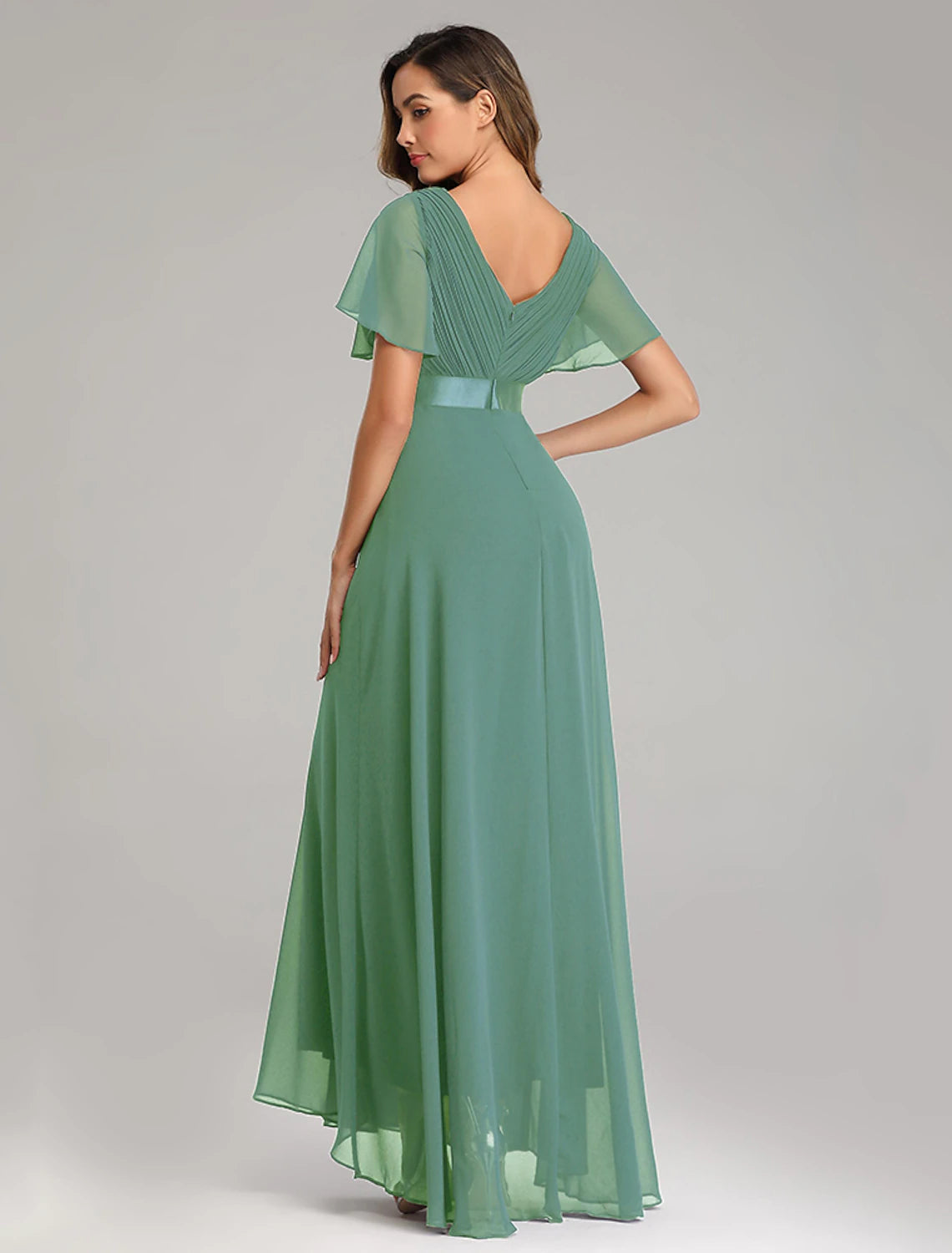 Wholesale  A-Line Prom Dresses Maxi Dress Fall Wedding Guest Dress For Bridesmaid Floor Length Short Sleeve V Neck Chiffon V Back with Ruched Ruffles