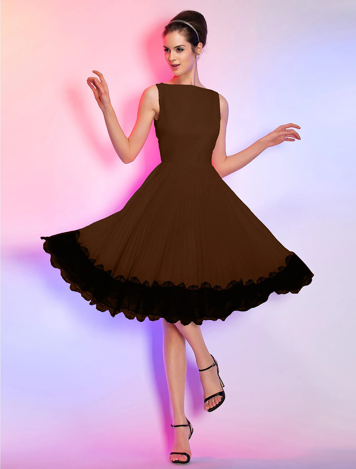 Wholesale A-Line Vintage Dress Homecoming Graduation Knee Length Sleeveless Boat Neck Pink Dress Chiffon with Lace