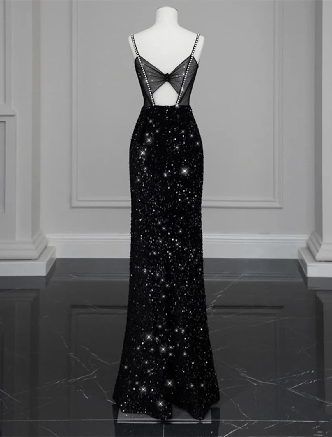 Wholesale  Mermaid / Trumpet Evening Gown Sparkle & Shine Dress Formal Wedding Guest Floor Length Sleeveless Spaghetti Strap Sequined with Bow(s) Crystals Sequin