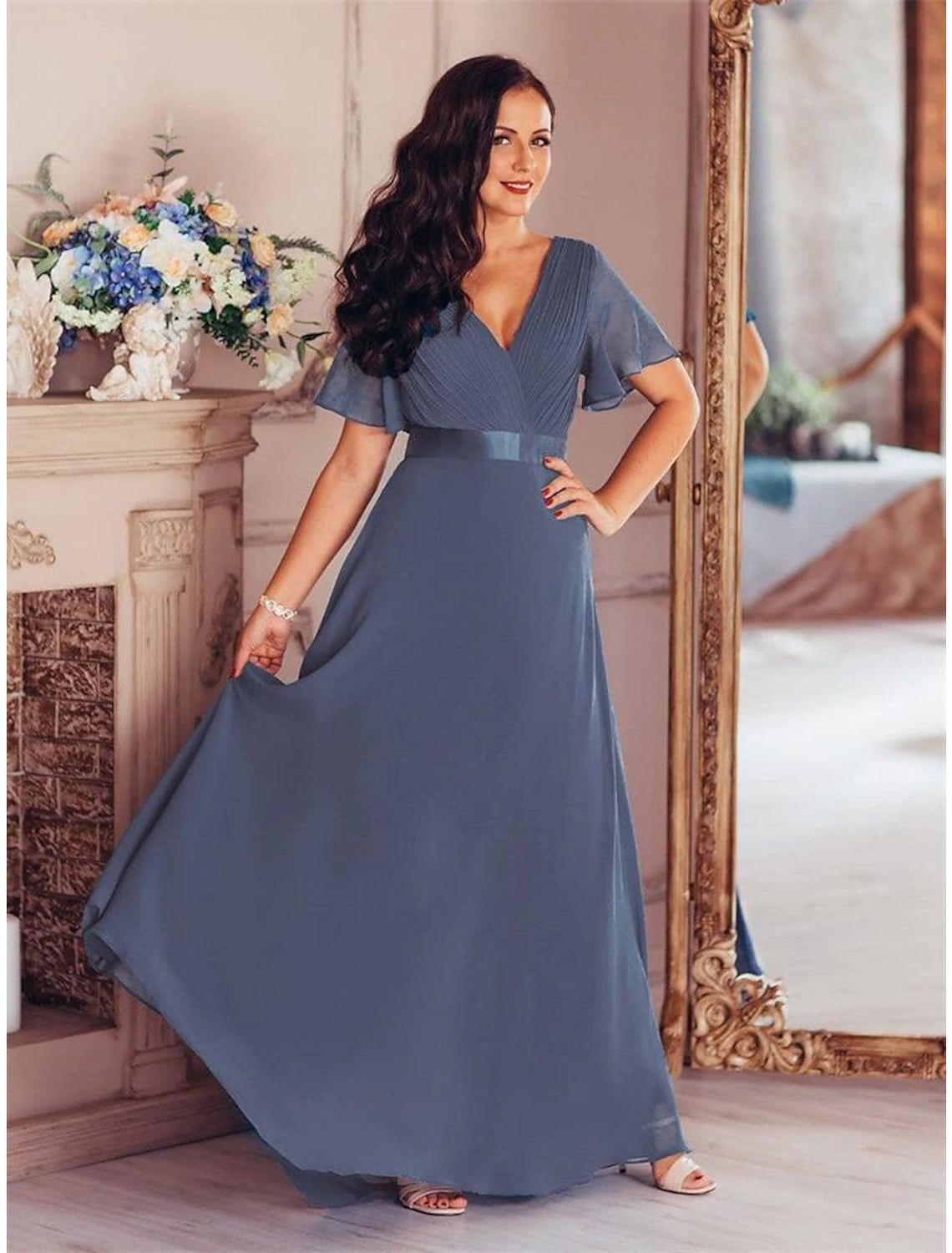 Wholesale  A-Line Evening Gown Empire Dress Wedding Guest Formal Evening Floor Length Short Sleeve V Neck Bridesmaid Dress Chiffon V Back with Ruffles