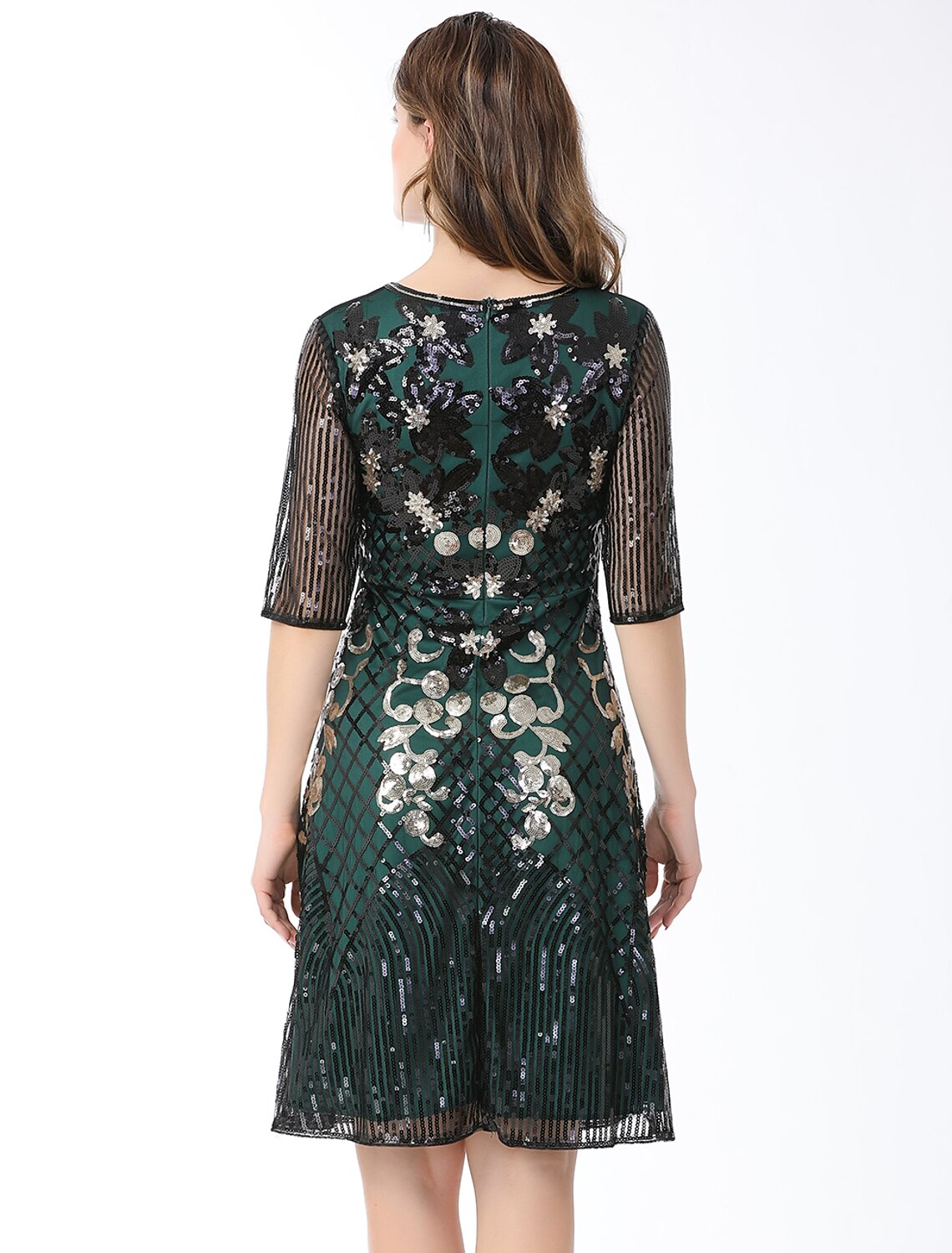 Wholesale A-Line Cocktail Dresses Vintage Dress Holiday Party Wear Knee Length Half Sleeve Jewel Neck Cotton Blend with Sequin Splicing