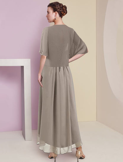 Wholesale  Two Piece A-Line Mother of the Bride Dress Formal Wedding Guest Elegant High Low V Neck Asymmetrical Tea Length Chiffon Lace Half Sleeve Wrap Included with Ruched Appliques